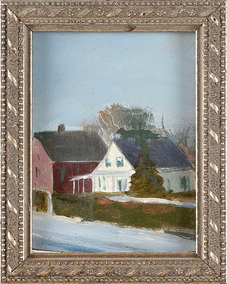 ANNE PACKARD (New Jersey/Massachusetts, 1933-), Two old houses, Provincetown, Massachusetts., Oil on: ANNE PACKARDNew Jersey/Massachusetts, 1933-Two old houses, Provincetown, Massachusetts. Signed lower left "A. Packard".Oil on board, 4" x 3". Framed 4.5" x 3.5".