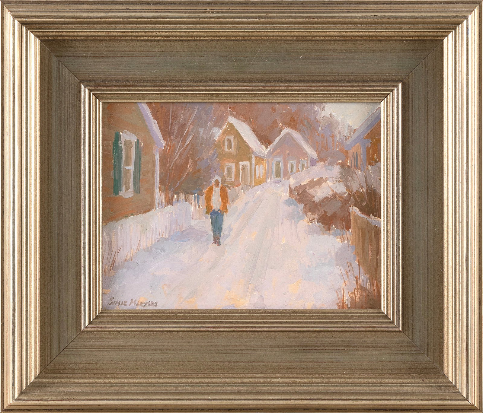 SIMIE MARYLES (Massachusetts, Contemporary), "Snow on Atwood Avenue"., Oil on board, 6" x 8". Framed: SIMIE MARYLES Massachusetts, Contemporary "Snow on Atwood Avenue". Signed lower left "Simie Maryles". Titled verso. Oil on board, 6" x 8". Framed 11" x 13".