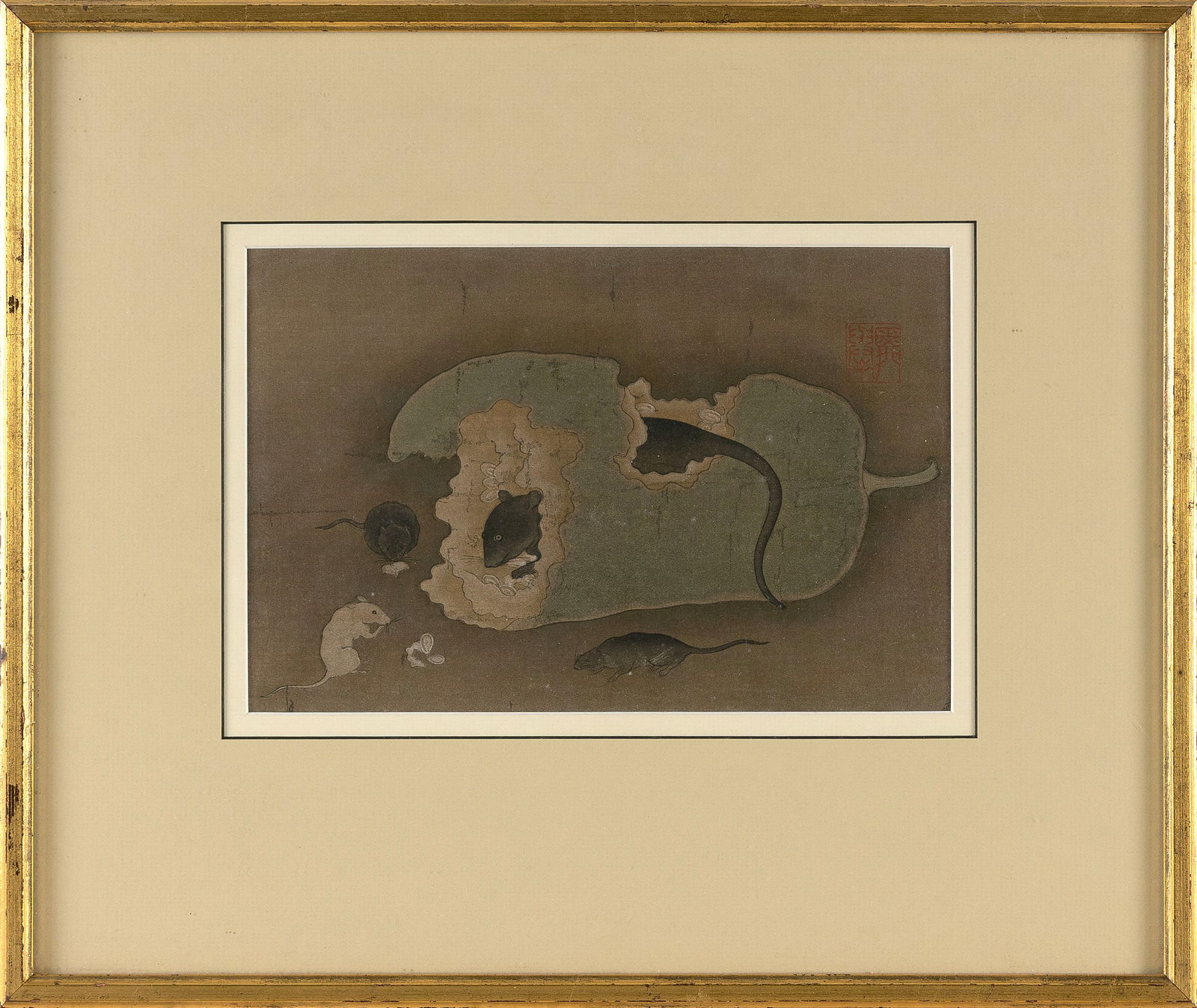 AFTER T'SIEN SHUN-CHU (China, 20th Century), A Melon & The Rats, 1940., Woodblock print, 7.25" x (1 of 2)