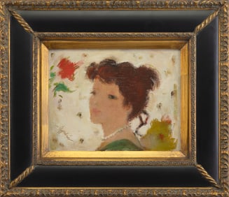 SAMUEL EDMUND OPPENHEIM (New York/Florida, 1901-1992), "Girl with Pink Flower"., Oil on canvas, 8" x