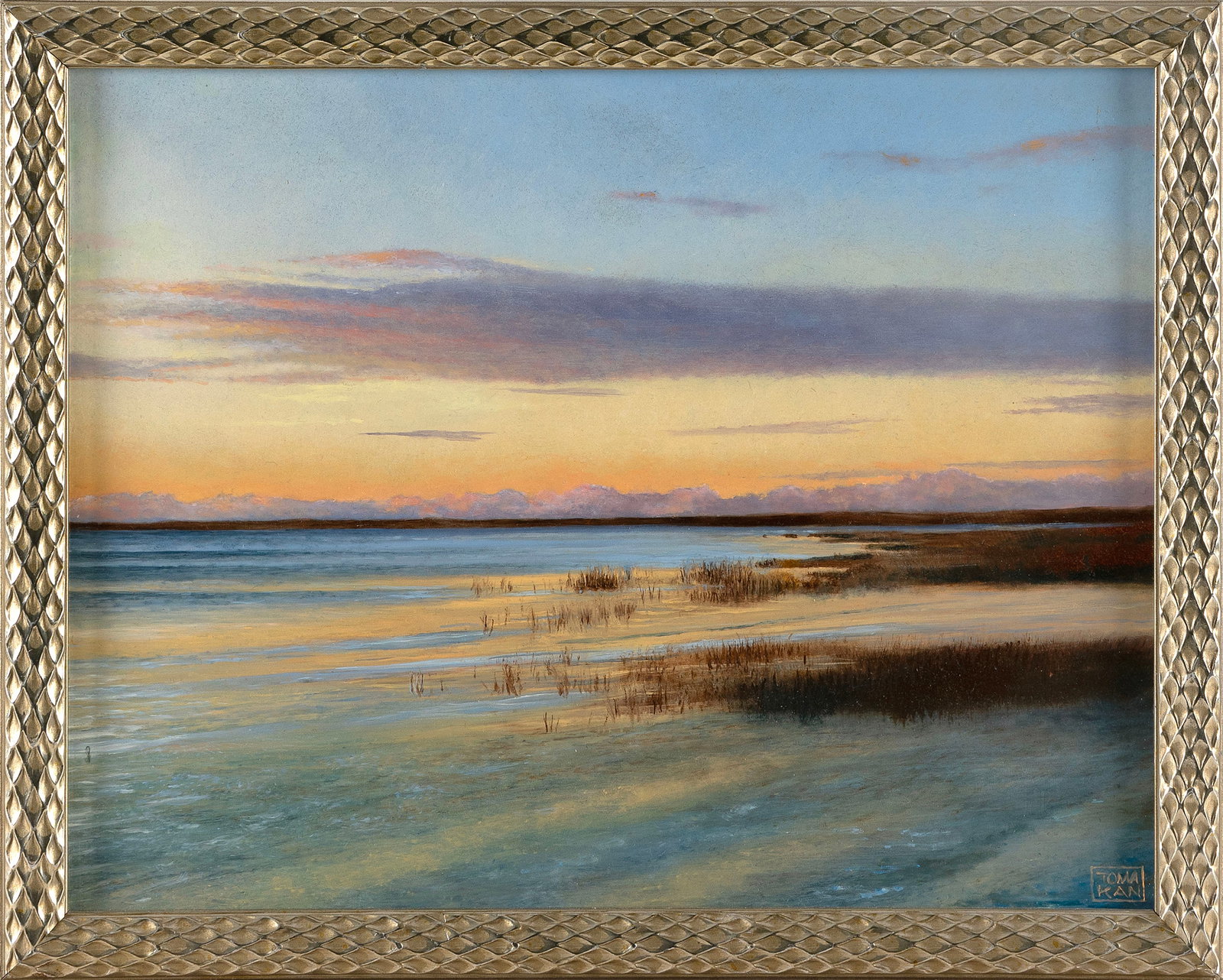 YASEMIN KYRENA TOMAKAN (Connecticut/Massachusetts/Turkey, 1958-), "Sunset Over the Sound"., Oil on: YASEMIN KYRENA TOMAKAN Connecticut/Massachusetts/Turkey, 1958- "Sunset Over the Sound". Signed lower right "Tomakan". Oil on panel, 11" x 14". Framed 12.5" x 14.5".