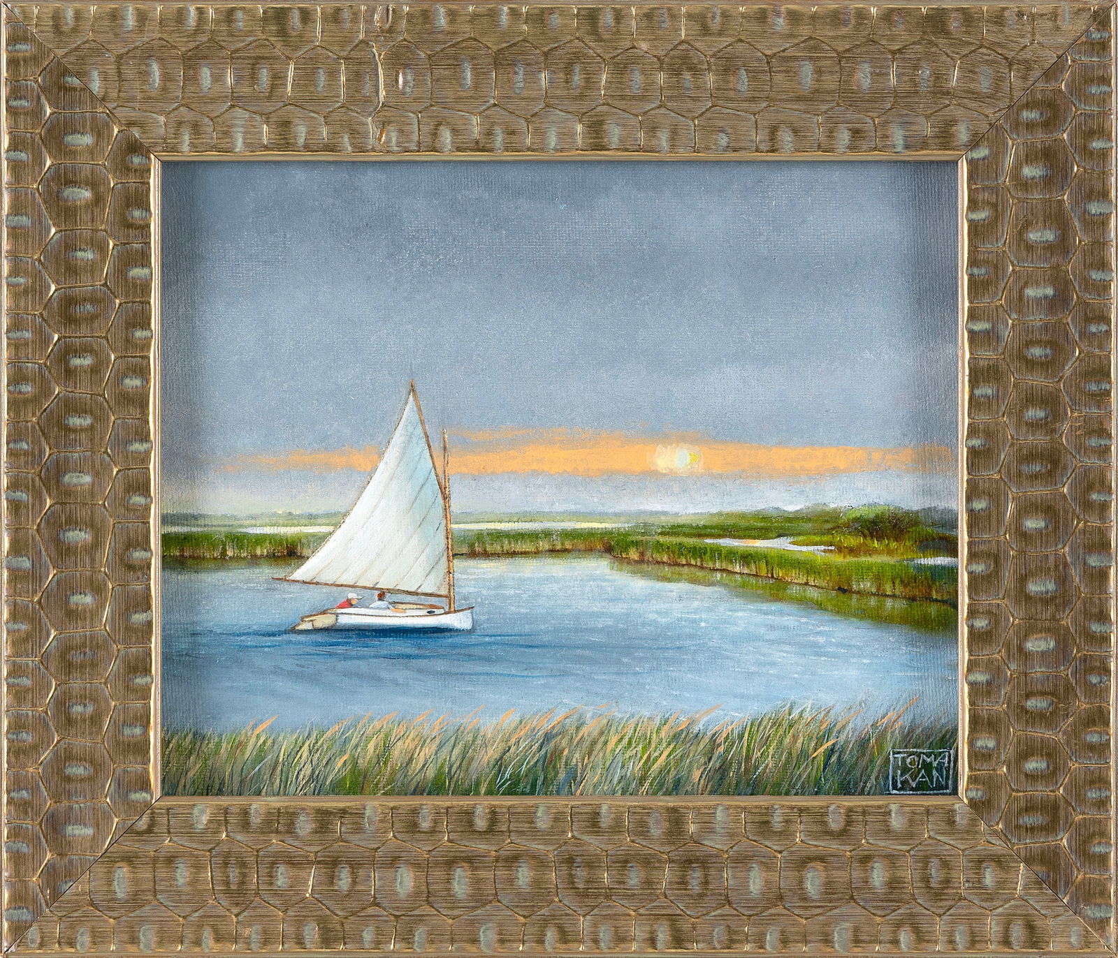 YASEMIN KYRENA TOMAKAN (Connecticut/Massachusetts/Turkey, 1958-), "Sailing Through the Creeks,: YASEMIN KYRENA TOMAKANConnecticut/Massachusetts/Turkey, 1958-"Sailing Through the Creeks, Nantucket", 2024. Signed lower left "Tomakan".Oil on academy board, 8" x 10". Framed 11.5" x 13.5".