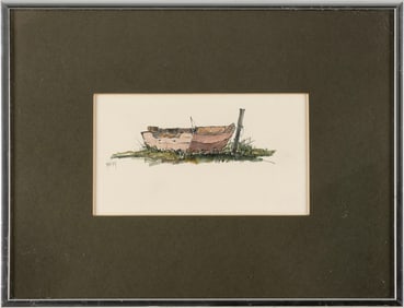 ROY G. BAILEY (America, 1933-2002), "Red Skiff"., Watercolor on paper, 4" x 7" sight. Framed 10.25"