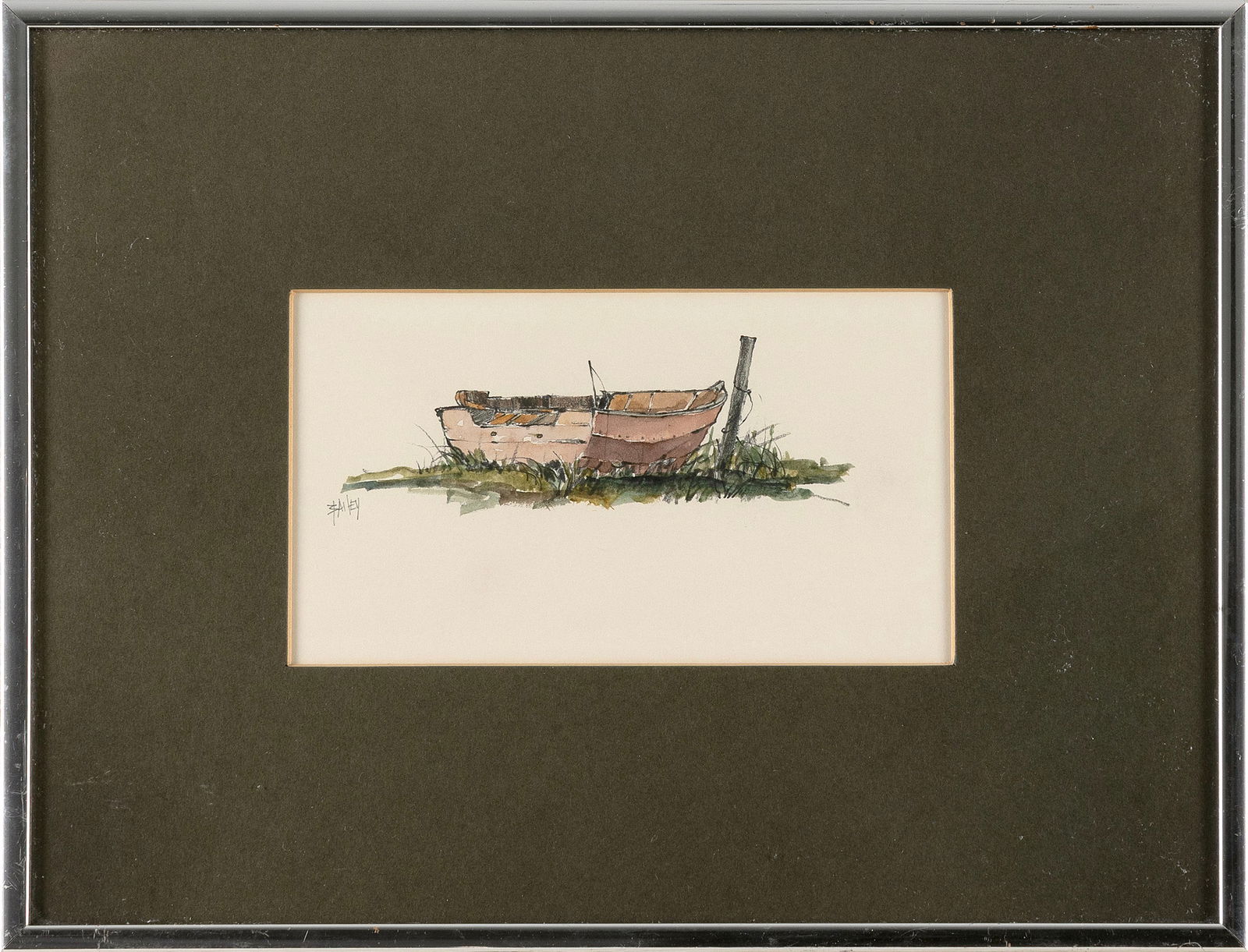 ROY G. BAILEY (America, 1933-2002), "Red Skiff"., Watercolor on paper, 4" x 7" sight. Framed 10.25" (1 of 2)