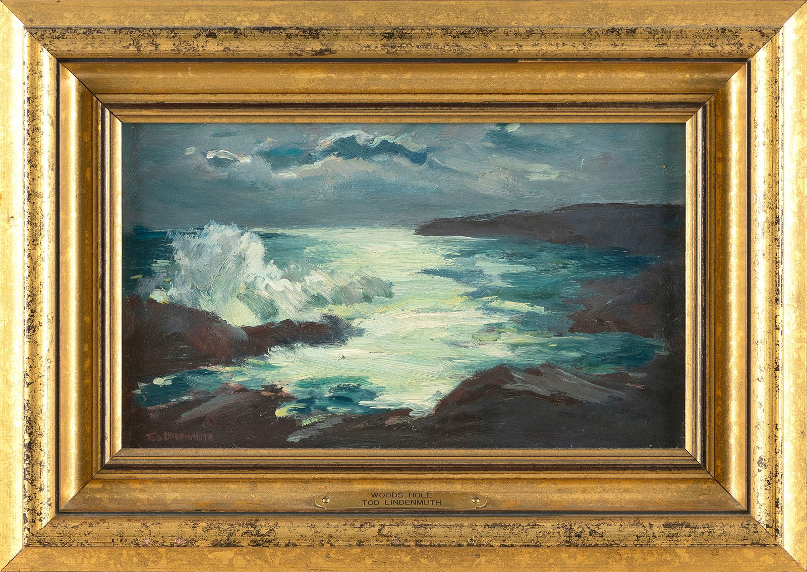 TOD (RAPHAEL LEROY) LINDENMUTH (Massachusetts/Florida, 1885-1976), Wood's Hole., Oil on board, 6.25": TOD (RAPHAEL LEROY) LINDENMUTHMassachusetts/Florida, 1885-1976Wood's Hole. Signed lower left "Tod Lindenmuth".Oil on board, 6.25" x 10.25". Framed 10" x 14.25".