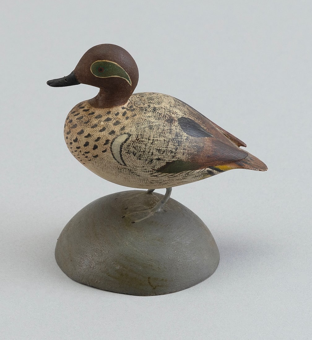 MINIATURE GREEN-WINGED TEAL CARVING 20th Century Height 2.5".: MINIATURE GREEN-WINGED TEAL CARVING 20th Century Signed "Robertson Blue Hill, ME". Height 2.5".