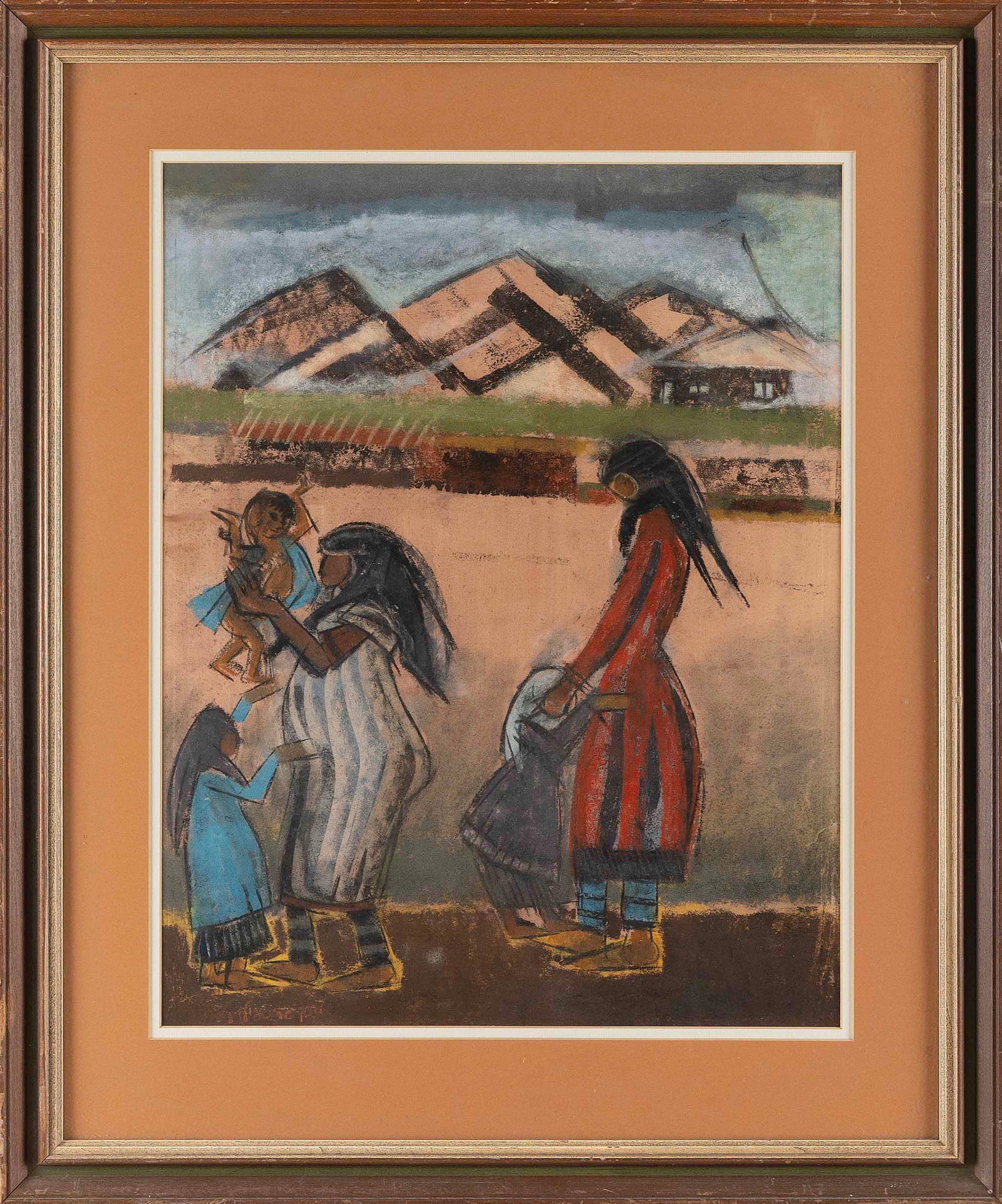 AMERICAN SCHOOL (20th Century,), Southwestern scene with figures., Pastel, 20.5" x 16" sight. Framed: AMERICAN SCHOOL 20th Century Southwestern scene with figures. Signed illegibly lower left. Pastel, 20.5" x 16" sight. Framed 28.5" x 24".