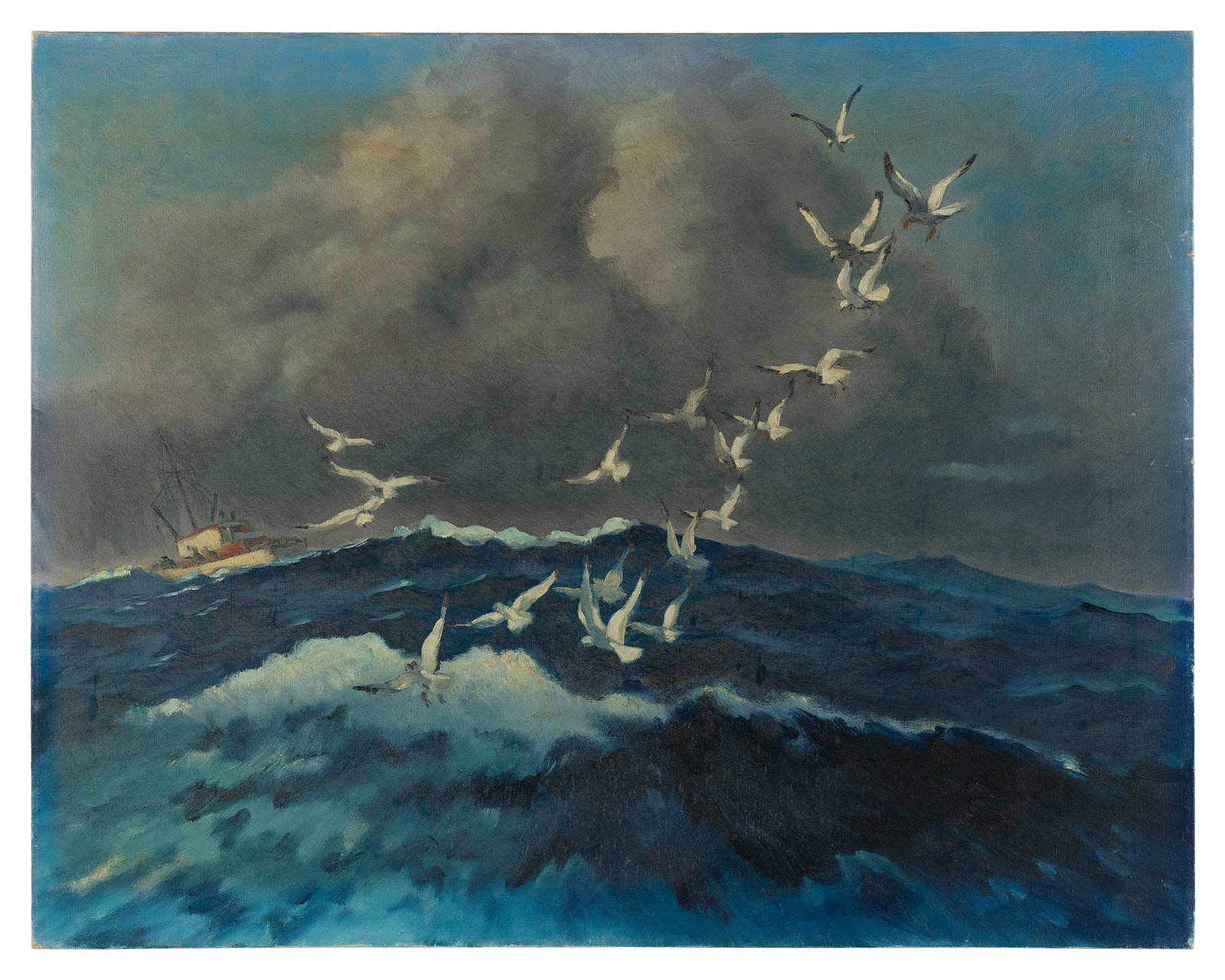 AMERICAN SCHOOL (20th Century,), Seascape with fishing boat., Oil on canvas, 24" x 30". Unframed.: AMERICAN SCHOOL 20th Century Seascape with fishing boat. Unsigned. Oil on canvas, 24" x 30". Unframed.