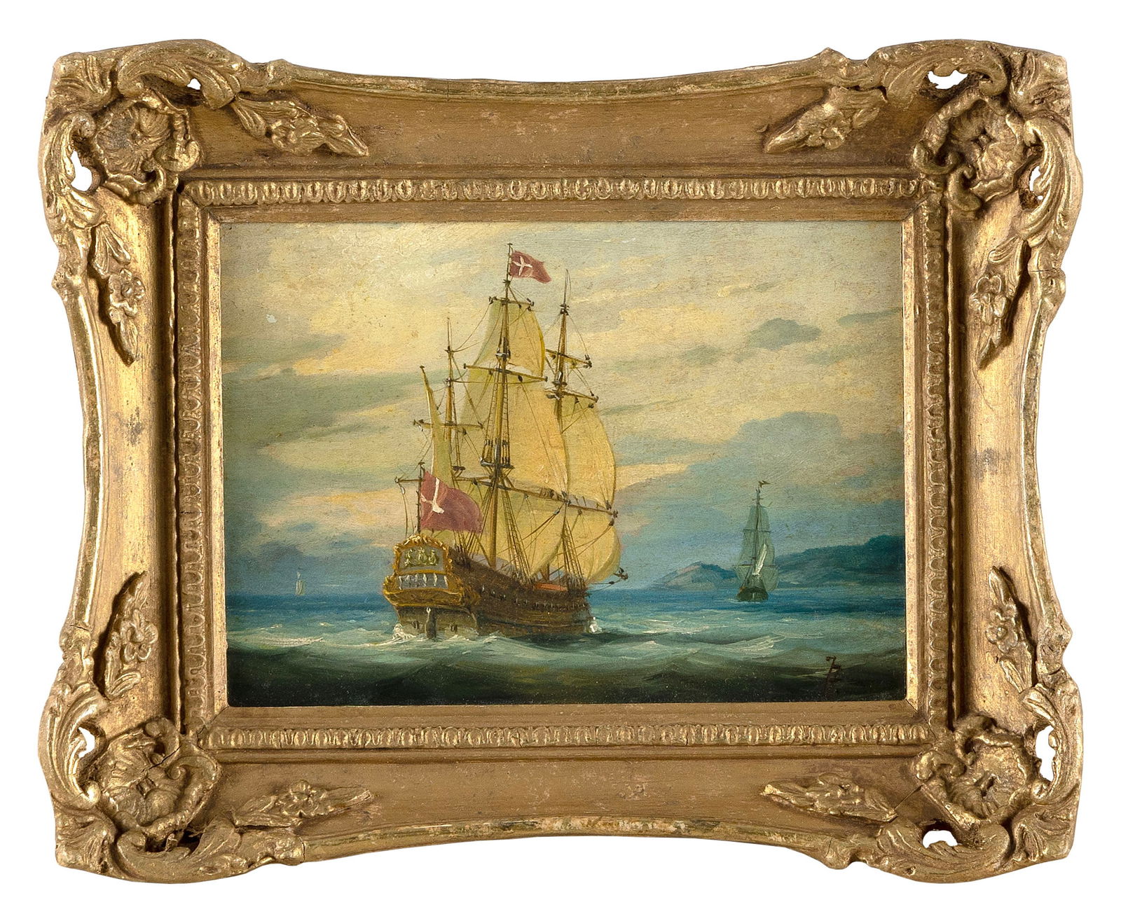 EUROPEAN SCHOOL (19th/Early 20th Century,), Stern view of a galleon., Oil on panel, 5.25" x 7.25".: EUROPEAN SCHOOL19th/Early 20th CenturyStern view of a galleon. Illegibly signed.Oil on panel, 5.25" x 7.25". Framed 8.25" x 10.25".