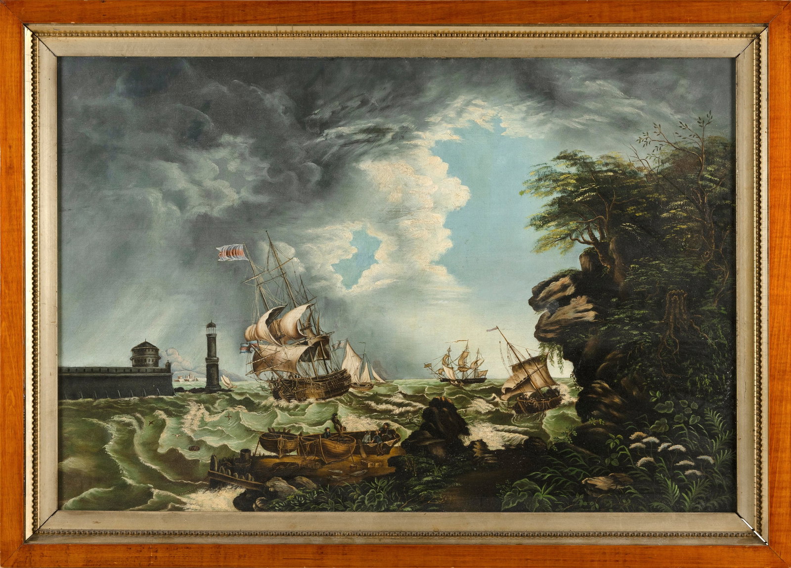 AMERICAN SCHOOL (19th Century,), Ships off a fortified coast., Oil on canvas, 20" x 30". Framed: AMERICAN SCHOOL 19th Century Ships off a fortified coast. Unsigned. Oil on canvas, 20" x 30". Framed 24.5" x 34.5".