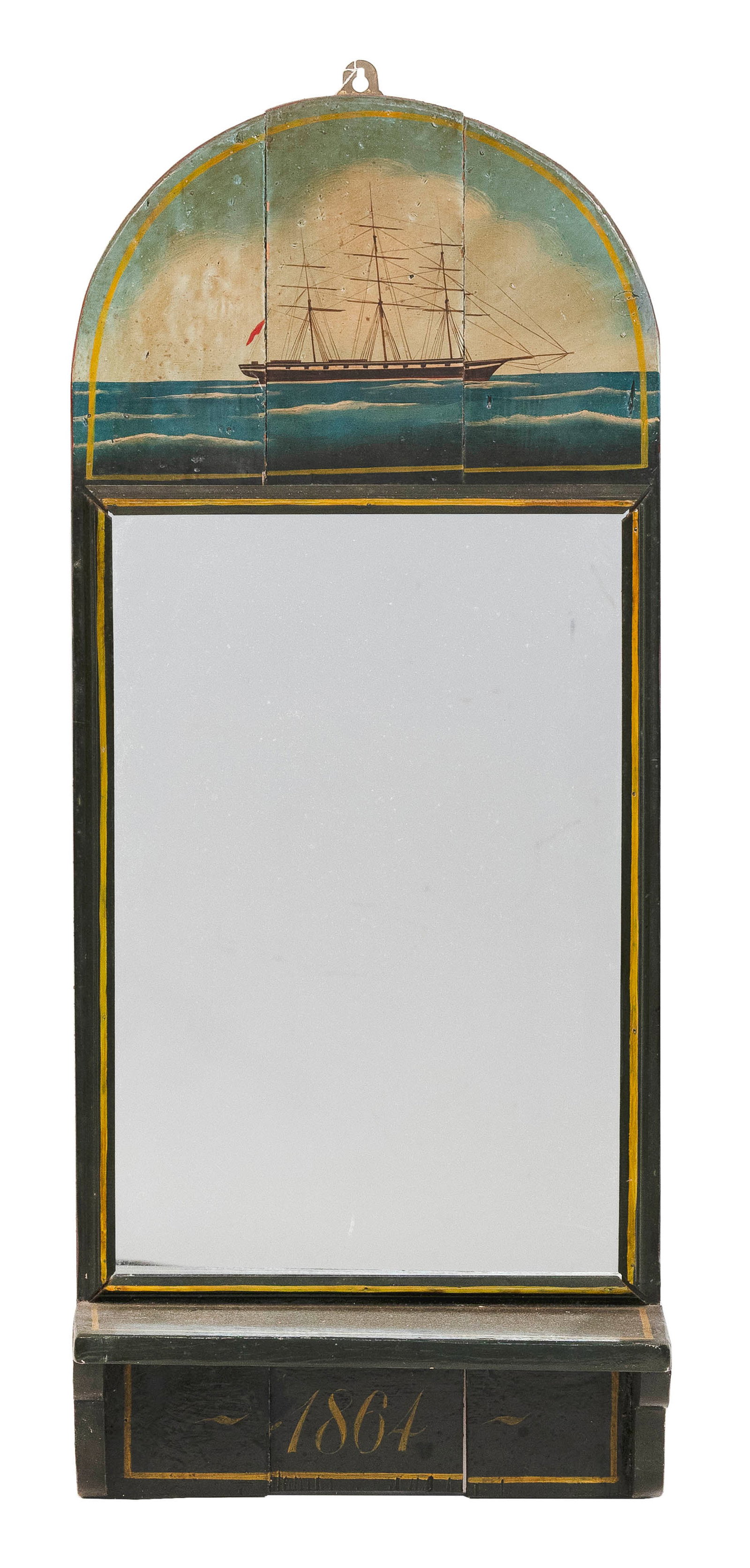 NAUTICAL-THEMED WALL MIRROR Late 20th Century Height 41".: NAUTICAL-THEMED WALL MIRRORLate 20th CenturyDomed top with image of a three-masted ship. Shelf below mirror glass.Height 41".