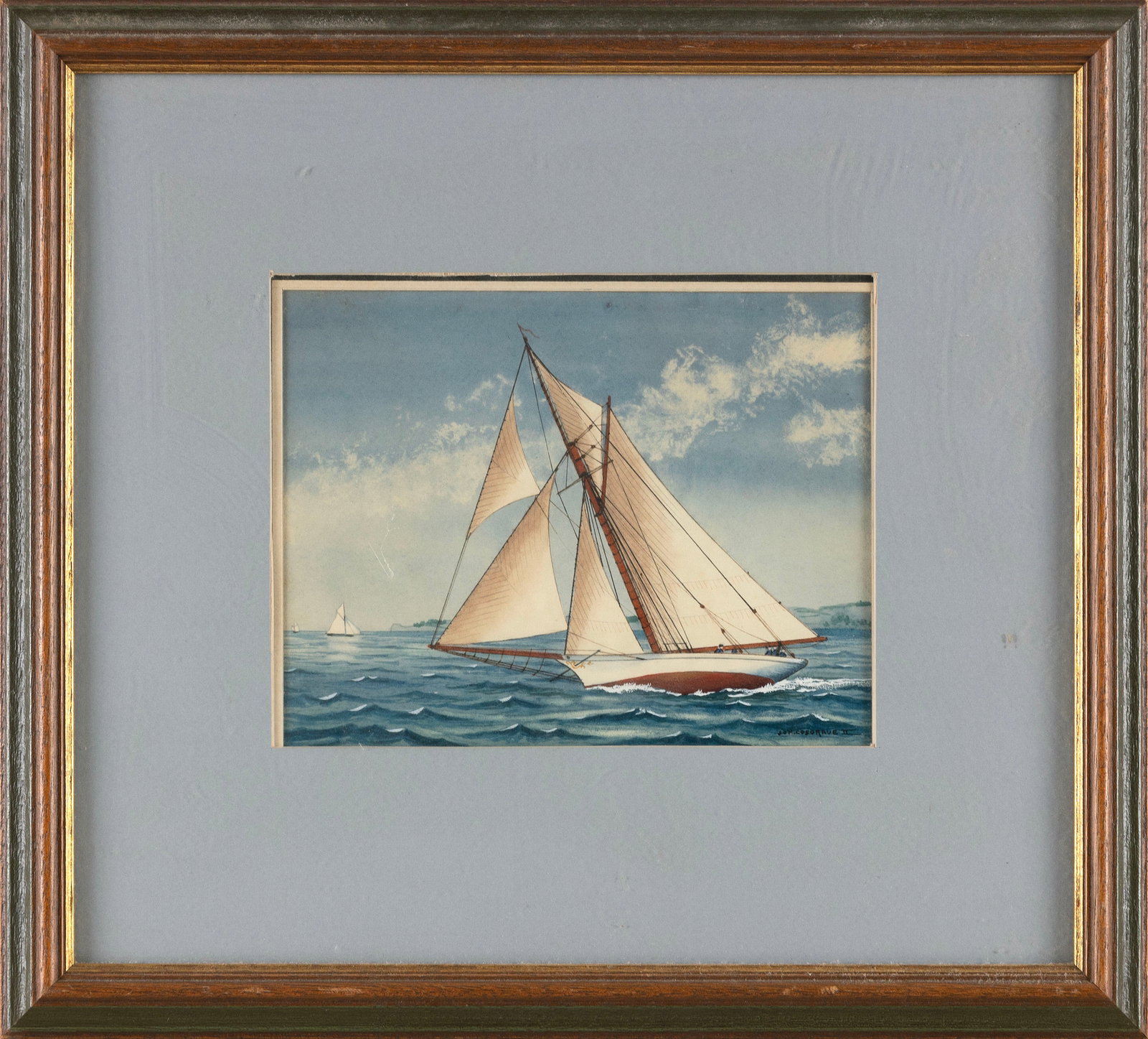JOHN O'HARA COSGRAVE II (America, 1908-1968), Sloop under sail., Watercolor and gouache, 6" x 8": JOHN O'HARA COSGRAVE II America, 1908-1968 Sloop under sail. Signed lower right "J. O'H. Cosgrave II". Watercolor and gouache, 6" x 8" sight. Framed 14" x 15.5".