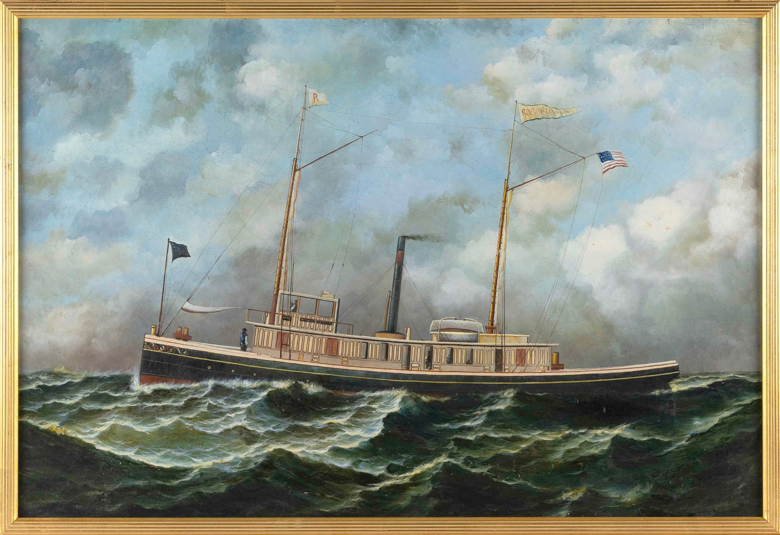 AMERICAN SCHOOL (Late 20th Century,), Primitive-style view of a steam-sail vessel., Oil on board,: AMERICAN SCHOOL Late 20th Century Primitive-style view of a steam-sail vessel. Signed lower right "J. Carter". Oil on board, 24" x 36". Framed 25.5" x 37.5".