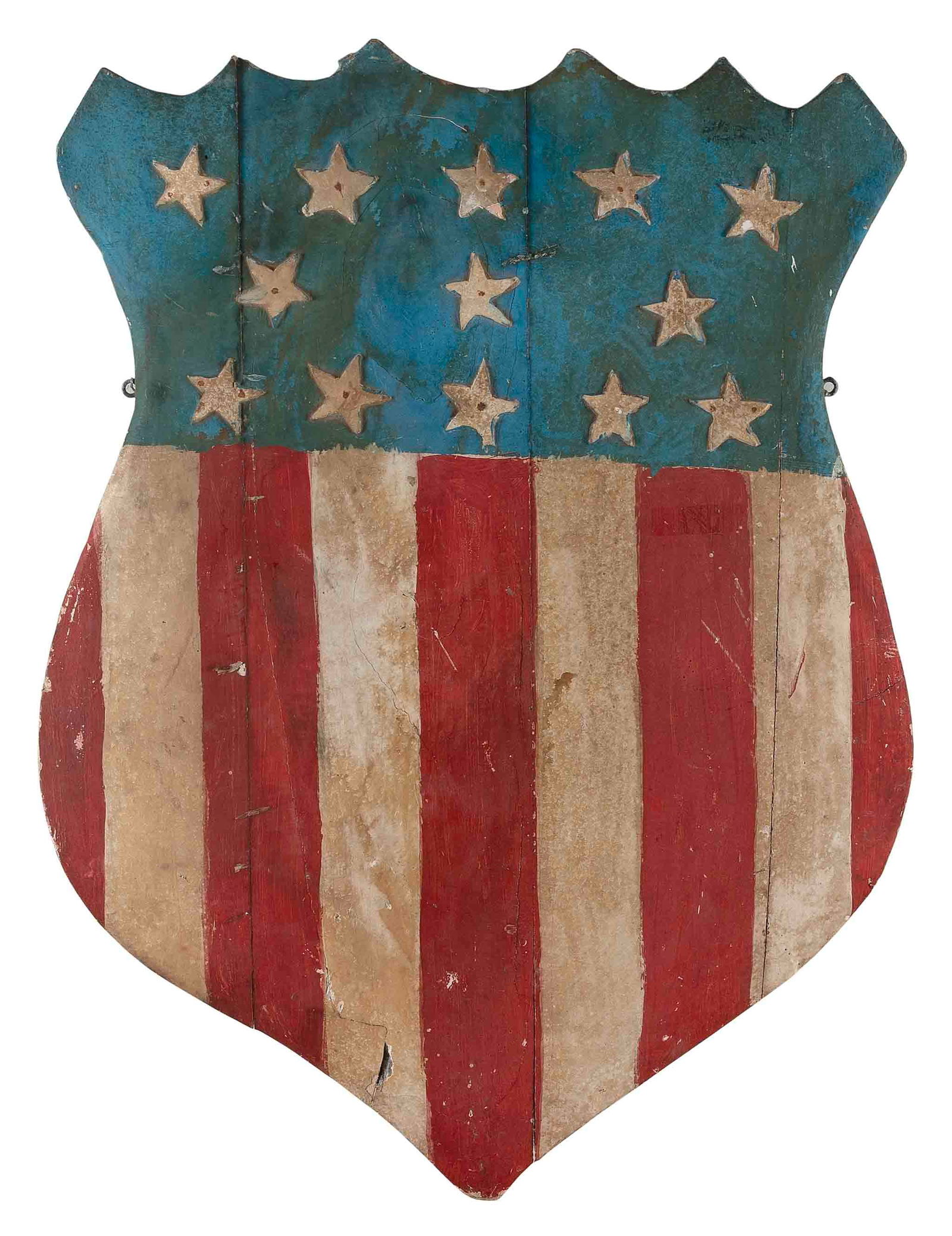 CARVED AND PAINTED WOODEN LIBERTY SHIELD PLAQUE Late 19th Century Height 32". Width 24".: CARVED AND PAINTED WOODEN LIBERTY SHIELD PLAQUELate 19th CenturyWith thirteen stars.Height 32". Width 24".