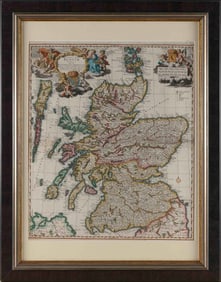 HAND-COLORED ENGRAVED MAP OF SCOTLAND Holland, 17th Century Sheet approx. 23" x 19". Framed 32" x