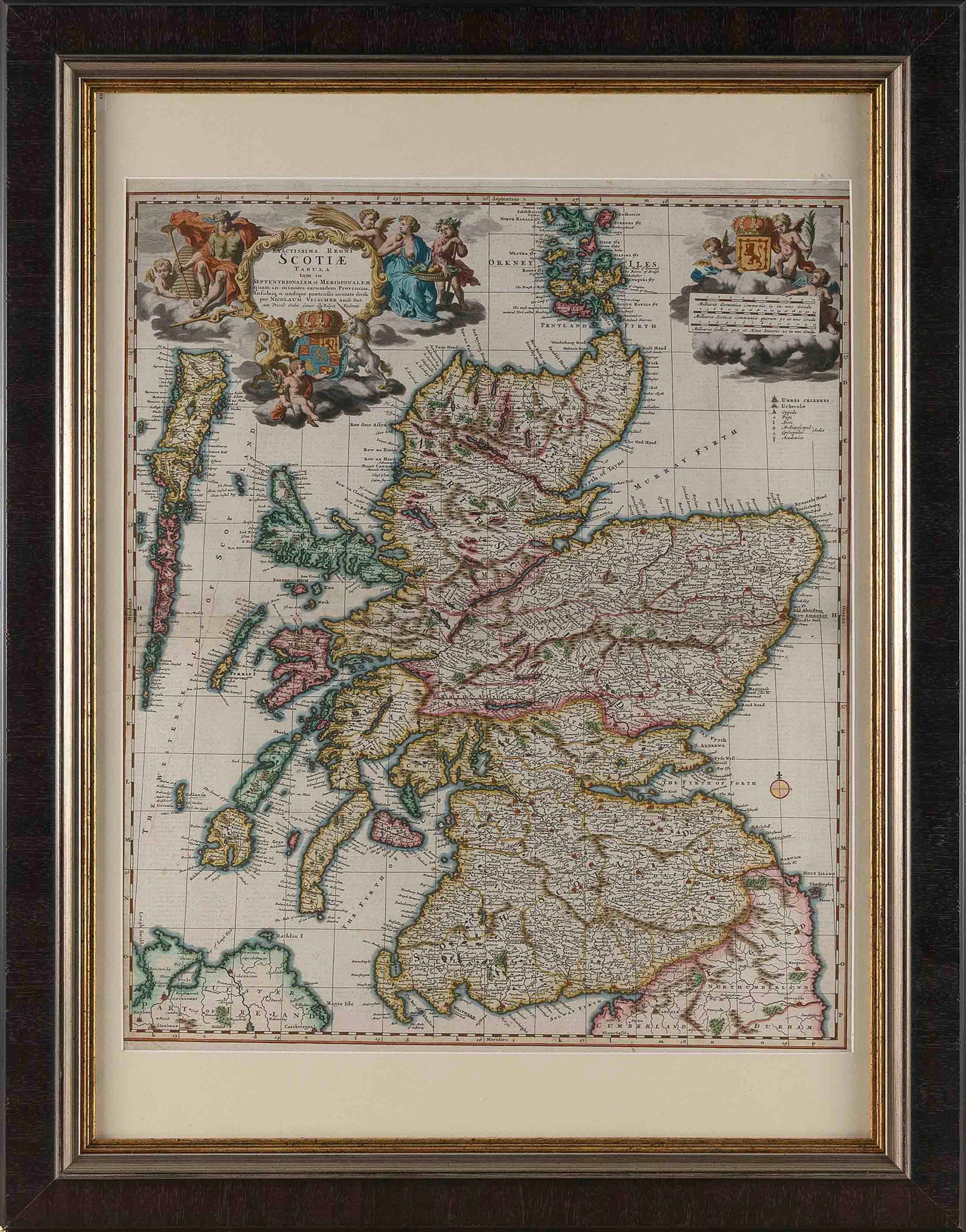 HAND-COLORED ENGRAVED MAP OF SCOTLAND Holland, 17th Century Sheet approx. 23" x 19". Framed 32" x