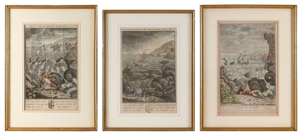 THREE HAND-COLORED ENGRAVINGS OF BIBLICAL SCENES 18th Century 14" x 9" sight. Framed 19" x 14".