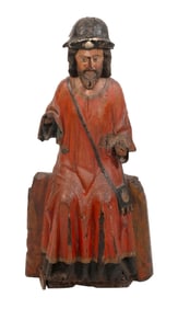 CONTINENTAL CARVED AND POLYCHROMED WOODEN FIGURE OF A BEARDED SAINT 17th Century, Possibly Older