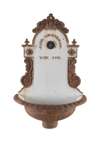 ENAMELED CAST IRON WALL FOUNTAIN Vienna, 18th Century Height 30". Width 20". Depth 11".