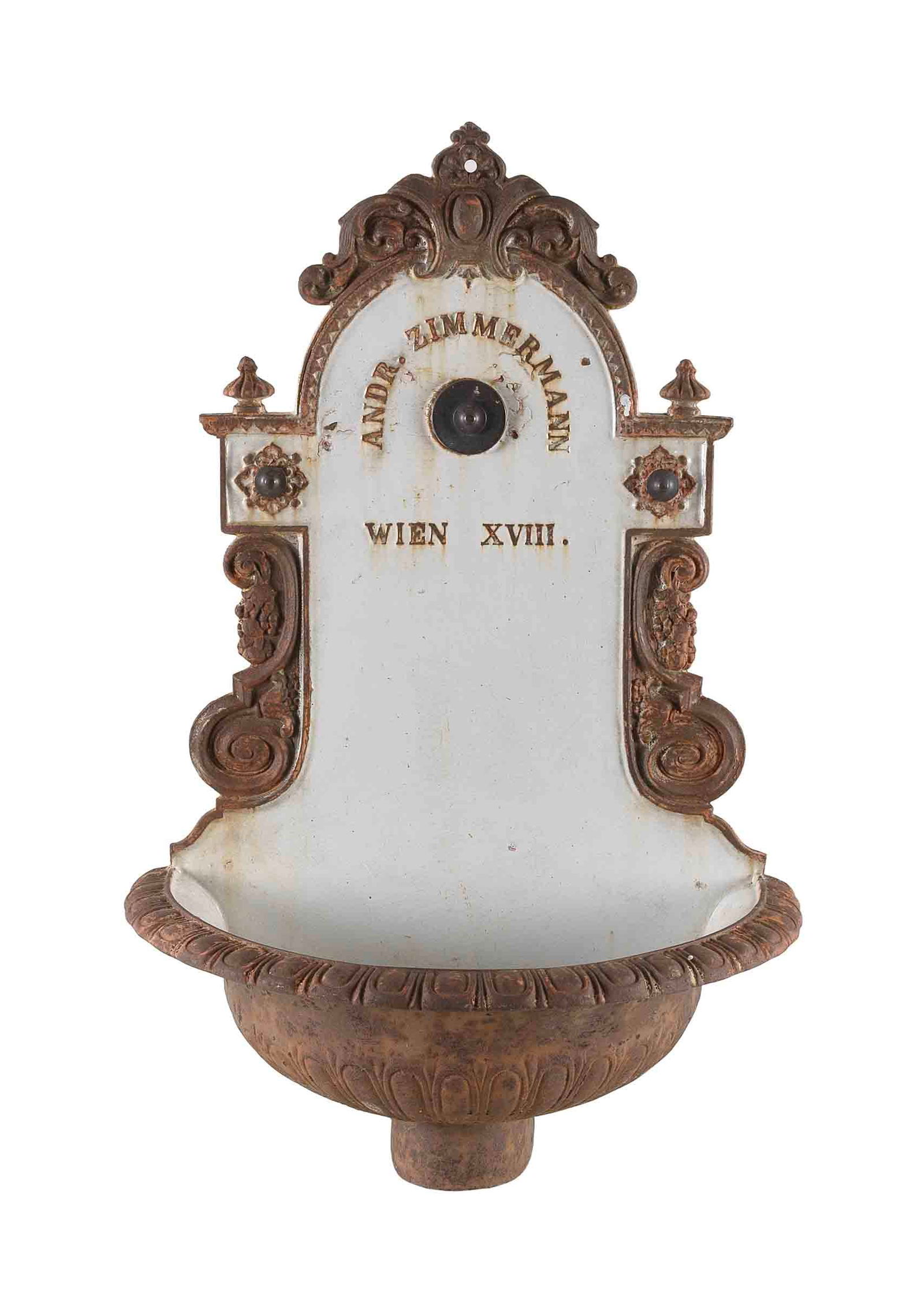 ENAMELED CAST IRON WALL FOUNTAIN Vienna, 18th Century Height 30". Width 20". Depth 11". (1 of 1)