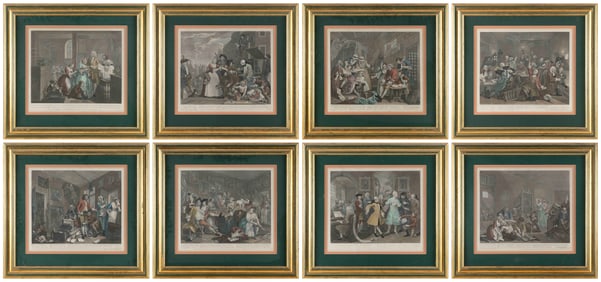 AFTER WILLIAM HOGARTH (England, 18th Century), "A Rake's Progress", 1735., Complete set of eight