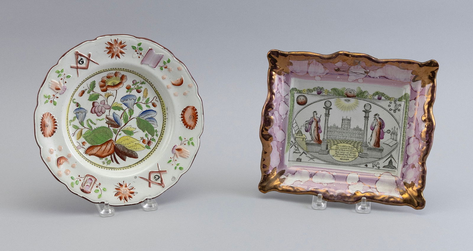 TWO PIECES OF ENGLISH SOFT PASTE WITH MASONIC DECORATION 19th Century Plate diameter 8.75". (1 of 2)