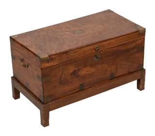 BRASS-BOUND CAMPHORWOOD CHEST ON STAND 19th Century Height 17". Width 28.5". Depth 15".