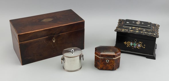 FOUR TEA CADDIES 19th Century Lengths from 3" to 12".
