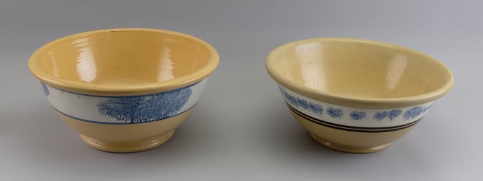 TWO ENGLISH YELLOW WARE MIXING BOWLS 19th Century Heights 6" and 6.5". Diameters 14".
