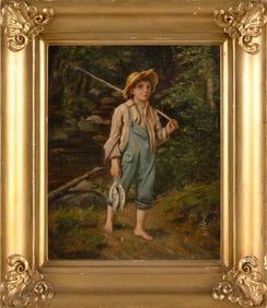 JAMES T. BREEN (Massachusetts, 1898-1930), Fishing boy with his catch., Oil on board, 12" x 9.5".