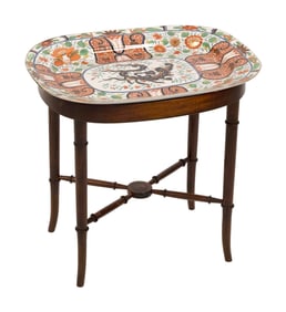 ENGLISH IMARI-STYLE PORCELAIN PLATTER ON MAHOGANY STAND 19th/20th Century Height 20". Platter length