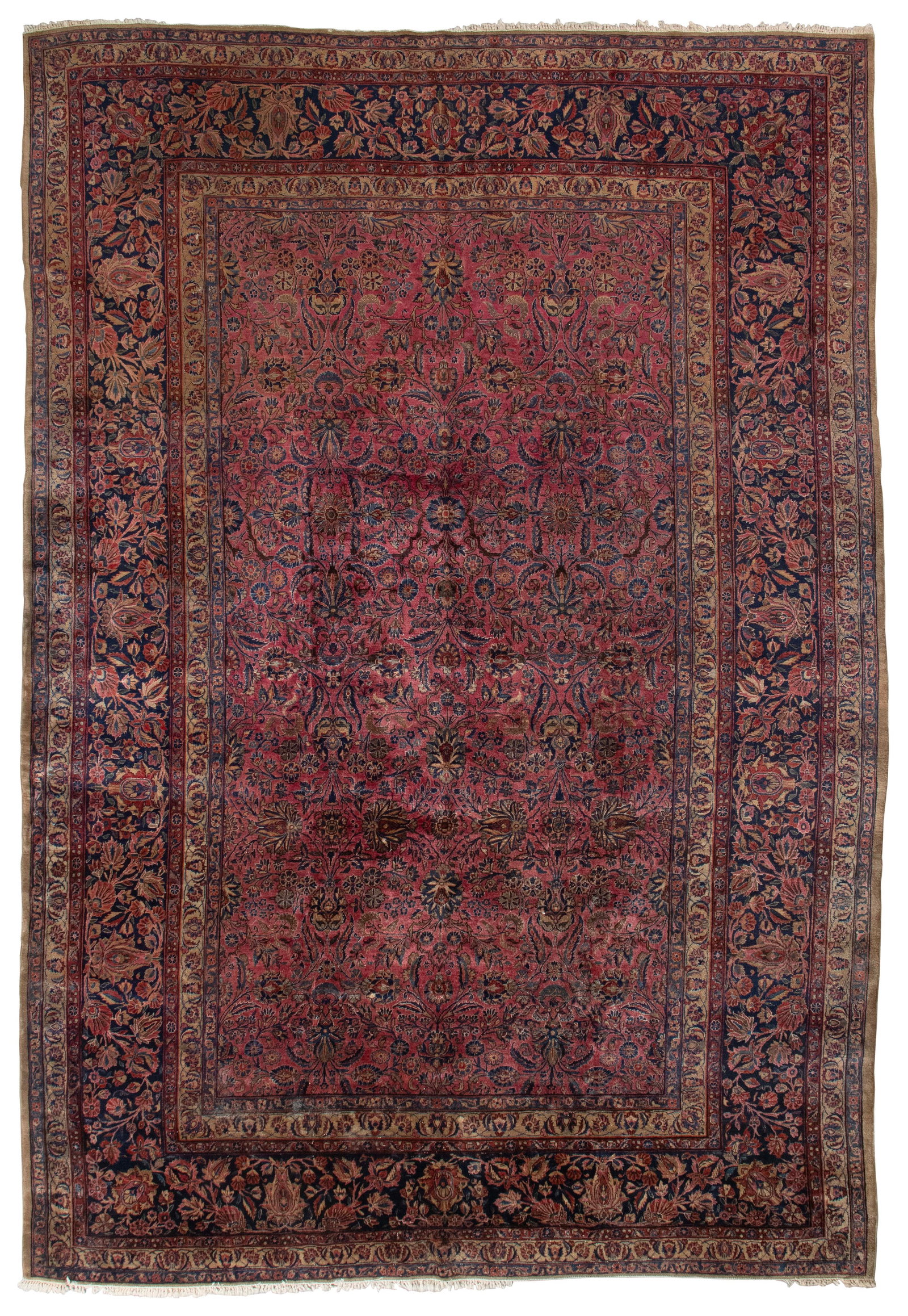 SAROUK RUG: 9'6" X 14'3" Circa 1925-30: SAROUK RUG: 9'6" X 14'3" Circa 1925-30 Wine red field with two columns of blue, gold and olive green flowering branches and blossoms. Seven blue, red and gold borders feature motifs to echo the field.