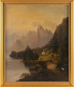 S.F. LEOPOLD (America, 19th Century), Horse and carriage on a lakeside road, with buildings and