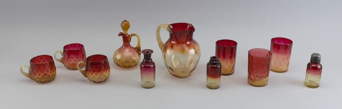 TWO GERMAN PORCELAIN FIGURE GROUPS AND A COLLECTION OF AMBERINA GLASS 19th Century Heights from 3"