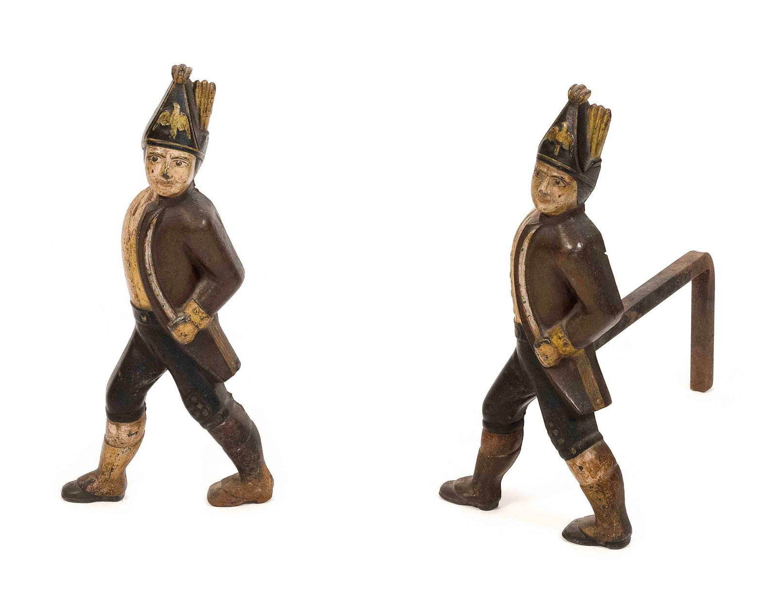 PAIR OF POLYCHROMED CAST IRON HESSIAN ANDIRONS 19th Century Heights 19.5". (1 of 3)