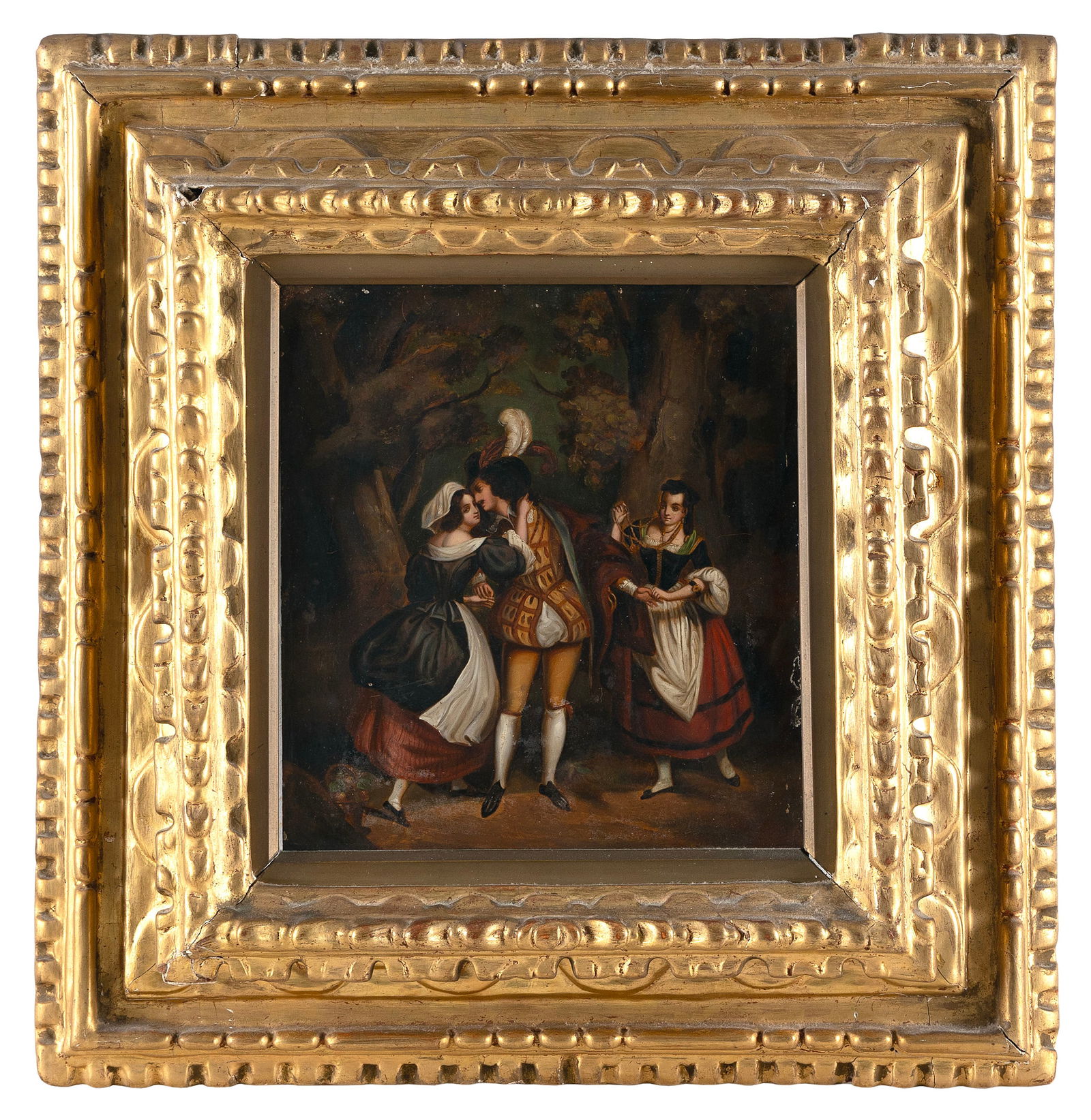 CONTINENTAL SCHOOL (19th Century,), Three figures in a woodland setting., Oil on tin plate, 10" x (1 of 2)