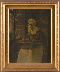 CONTINENTAL SCHOOL (Late 19th or Early 20th Century,), Woman making lace., Oil on canvas, 16" x