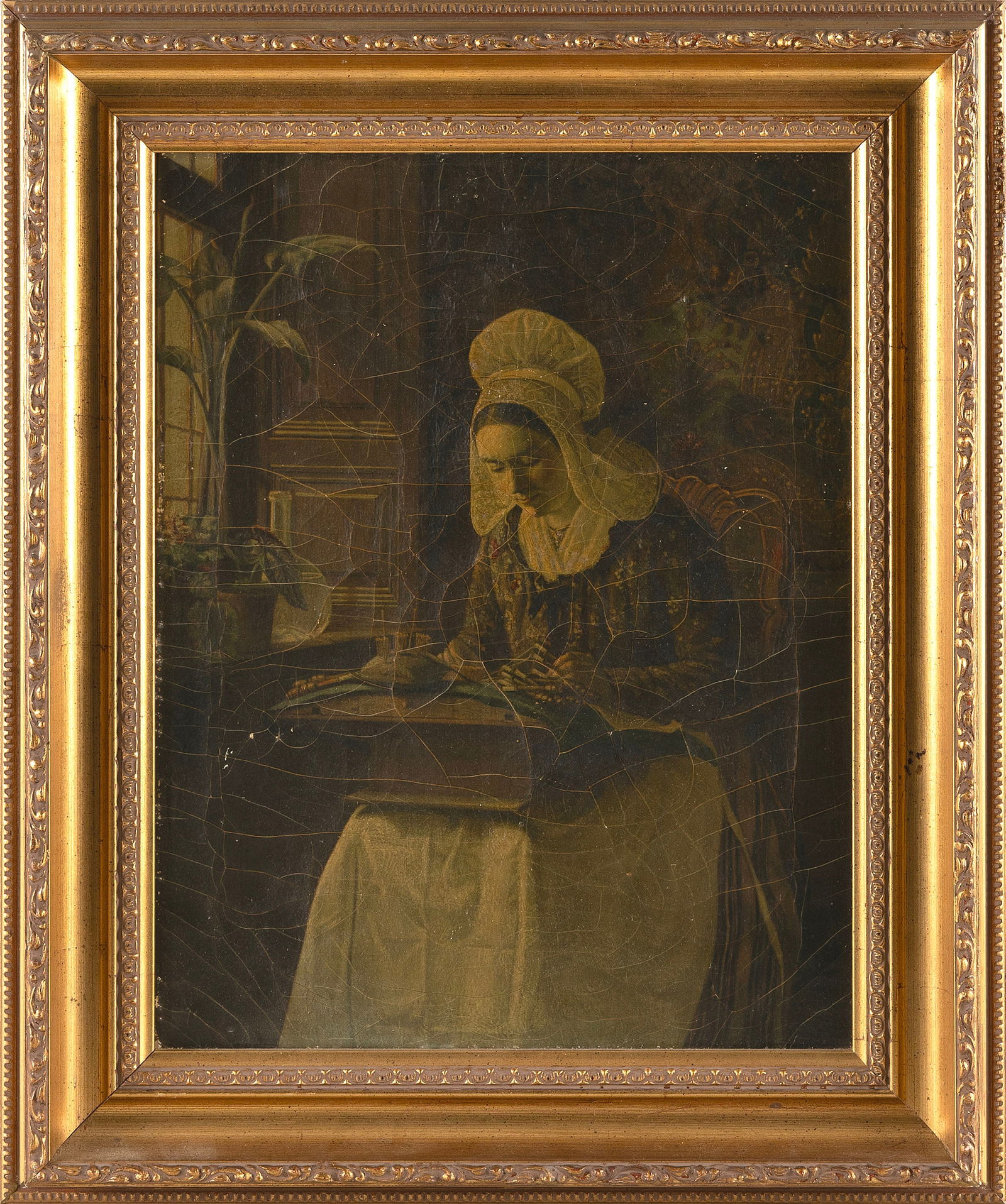 CONTINENTAL SCHOOL (Late 19th or Early 20th Century,), Woman making lace., Oil on canvas, 16" x: CONTINENTAL SCHOOLLate 19th or Early 20th CenturyWoman making lace. Unsigned.Oil on canvas, 16" x 12.25". Framed 20.75" x 17.25".