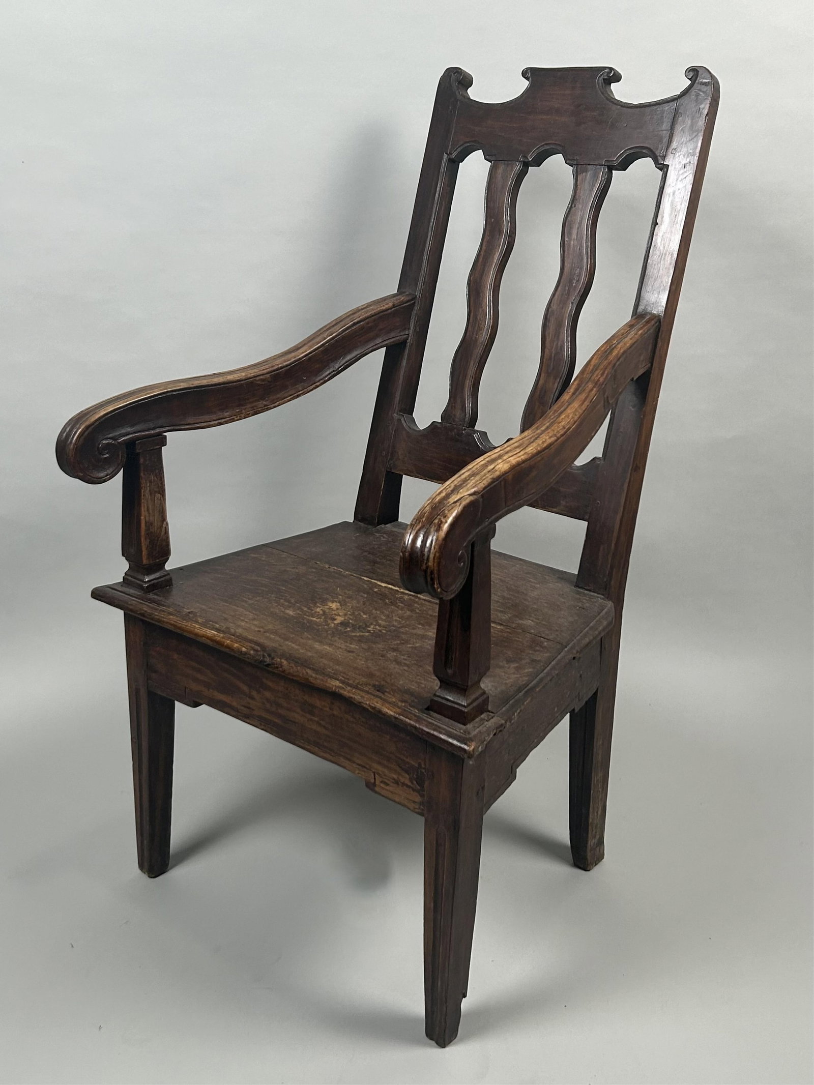 SPANISH OAK ARMCHAIR 19th Century Back height 44". Seat height 18".: SPANISH OAK ARMCHAIR 19th Century Back height 44". Seat height 18".
