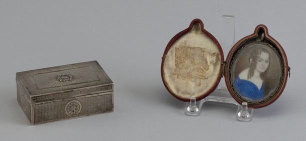 SILVER TRINKET BOX AND A CASED MINIATURE PORTRAIT 19th Century Box length 3.25". Portrait height 3".