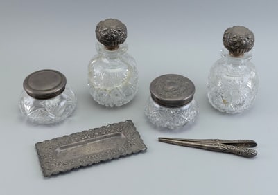 MAUSER CRYSTAL AND SILVER SIX-PIECE DRESSER SET Massachusetts, 19th Century Approx. 9.2 troy oz.