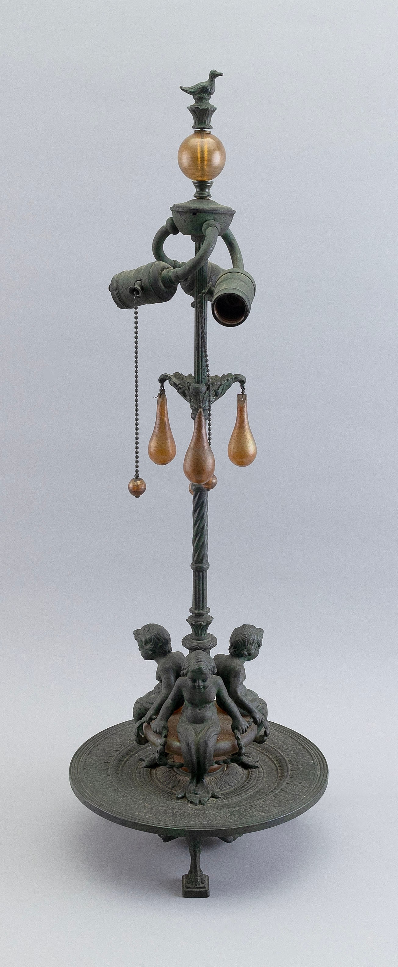 BRONZE FIGURAL LAMP BASE WITH LOETZ TYPE GLASS FITTINGS Early 20th Century Height 28".: BRONZE FIGURAL LAMP BASE WITH LOETZ TYPE GLASS FITTINGSEarly 20th CenturyHeight 28".