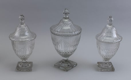 THREE MATCHING IRISH CUT GLASS OR CRYSTAL SWEETMEATS 19th Century Heights 11.25" and 12.25".