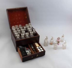 CASED APOTHECARY SET Late 19th Century Case height 9". Width 11". Depth 10.25".