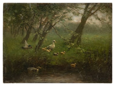 CONSTANT DAVID LUDOVIC ARTZ (The Netherlands, 1870-1951), Ducks by a pond., Oil on panel, 10.25" x