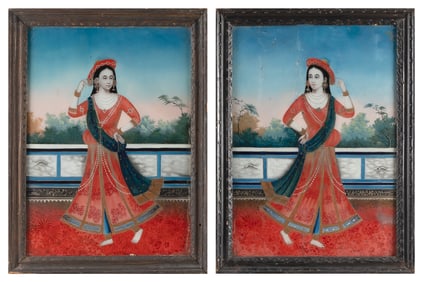 PAIR OF INDIAN REVERSE PAINTINGS ON GLASS 20th Century 20" x 14". Framed 23" x 17".