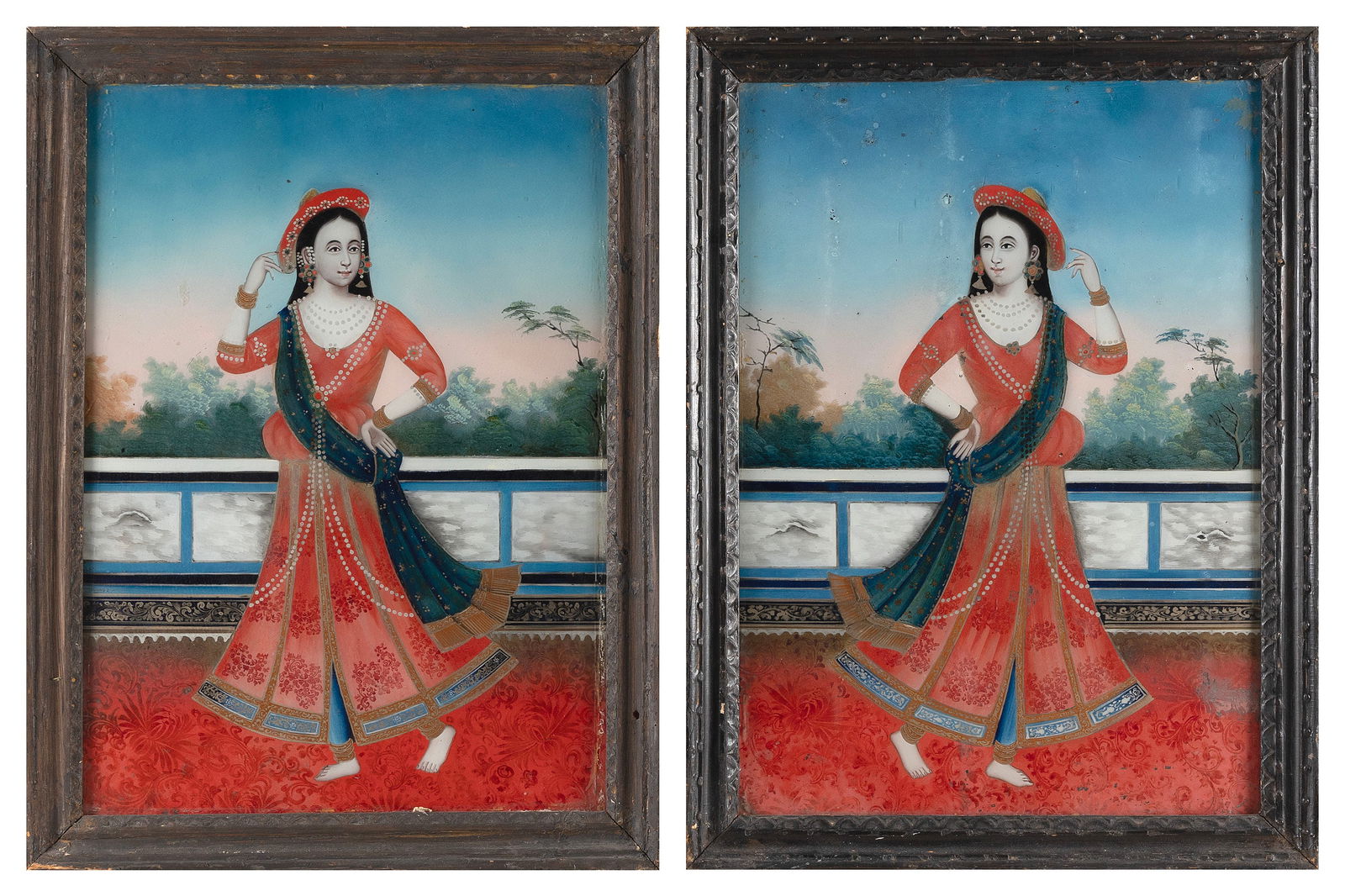 PAIR OF INDIAN REVERSE PAINTINGS ON GLASS 20th Century 20" x 14". Framed 23" x 17". (1 of 2)
