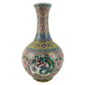 CHINESE FAMILLE ROSE PORCELAIN BOTTLE VASE Early 20th Century Height 16".