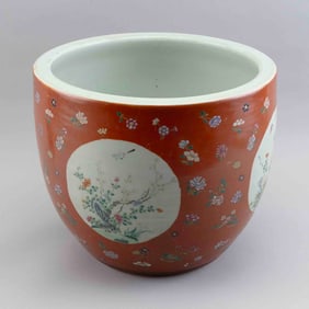CHINESE FAMILLE ROSE JARDINIERE Late 19th/Early 20th Century Height 12.25". Diameter 14.5".