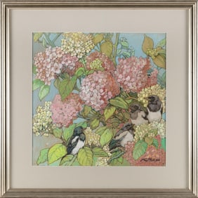 KATHLEEN IRENE NIXON (England, 1895-1988), "Magpies and Hydrangeas"., Watercolor and gouache on
